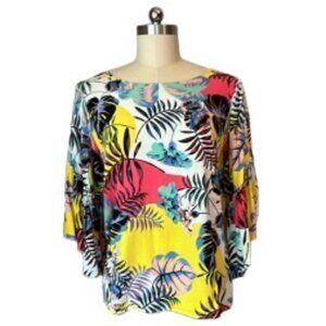 NY Collection Tropical Floral 3/4 Length Bell Sleeve Blouse Top - EUC